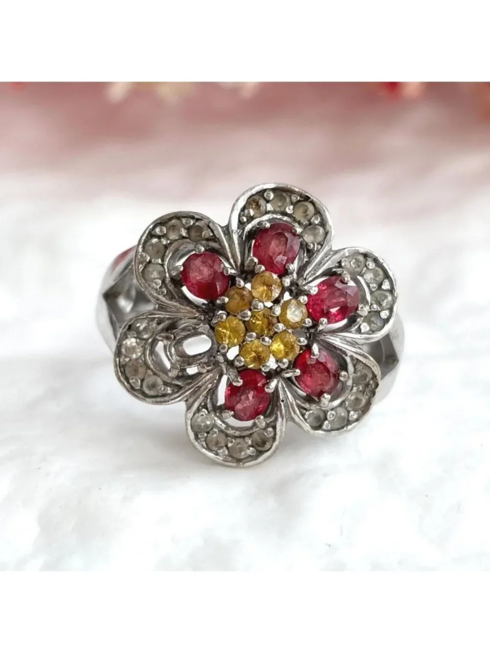 Garnet & Citrine Gemstone Floral Sterling Silver 925 Vintage Ring - sz 9.25